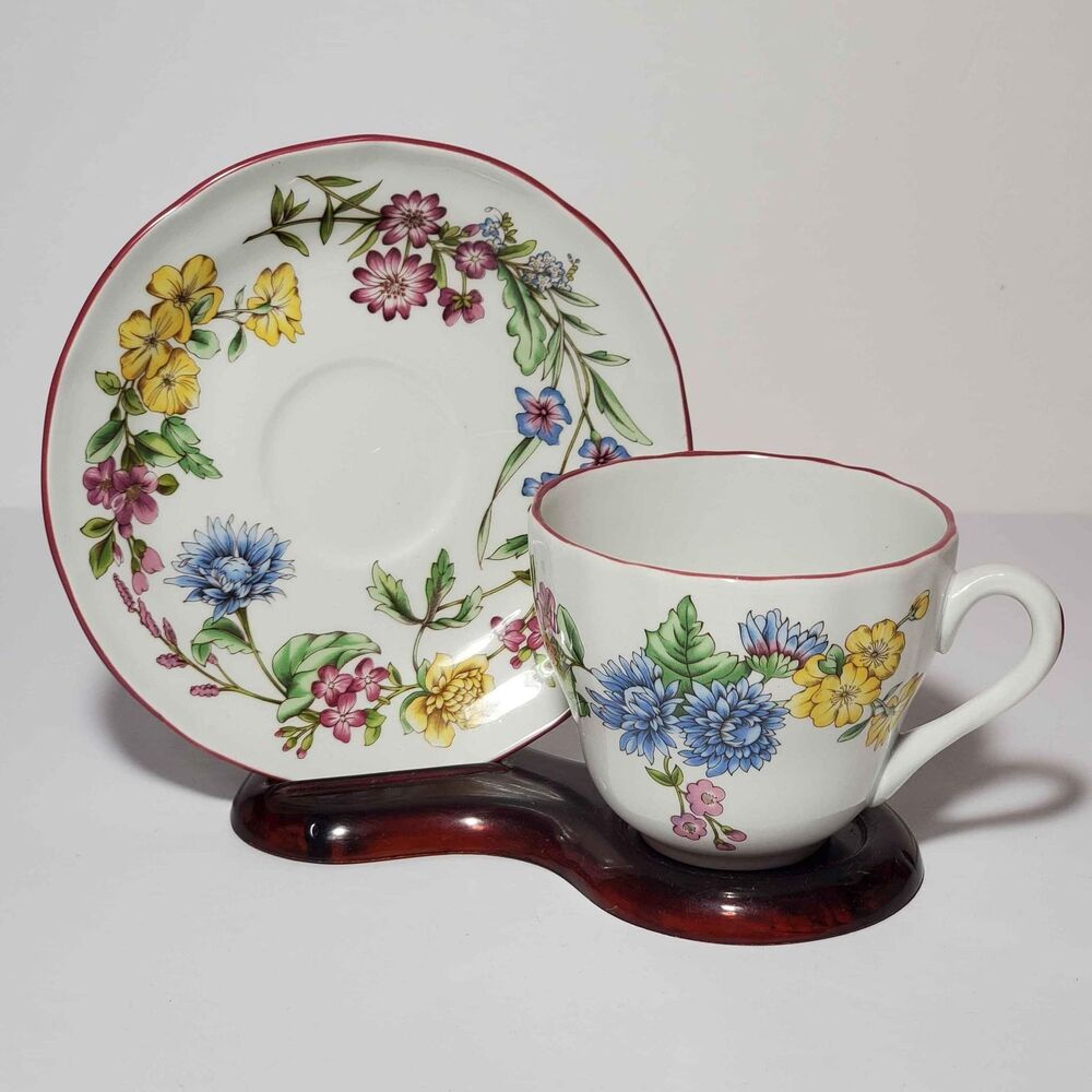 Spode Teacup and Saucer Romany Pink Blue Yellow Flowers Vintage